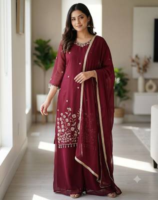 Women maroon  embroidered kurta palazzo set with dupatta 3