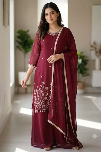 Women maroon  embroidered kurta palazzo set with dupatta
