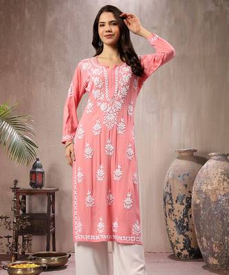 Seva chikan hand embroidered lucknowi chikankari peach rayon kurta scl4767 1
