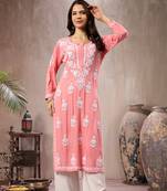 Seva chikan hand embroidered lucknowi chikankari peach rayon kurta scl4767