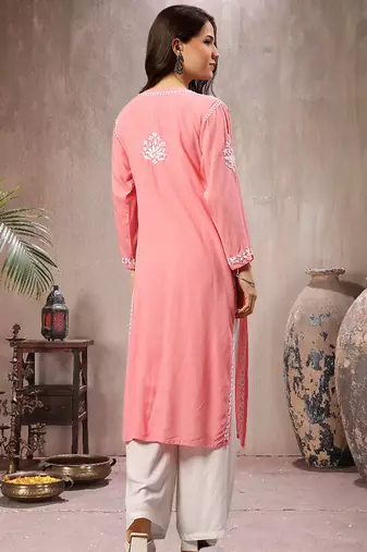 Seva chikan hand embroidered lucknowi chikankari peach rayon kurta scl4767