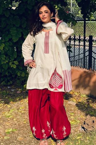 Women embroidered white & maroon cotton afghani salwar suit set with dupatta
