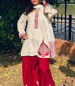 Women embroidered white & maroon cotton afghani salwar suit set with dupatta