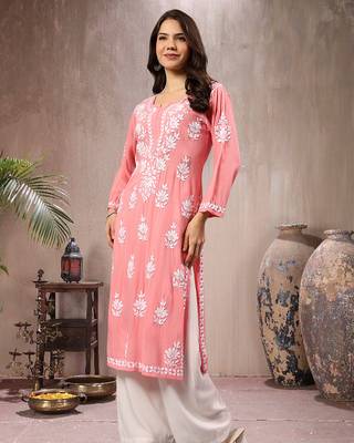 Seva chikan hand embroidered lucknowi chikankari peach rayon kurta scl4767 3