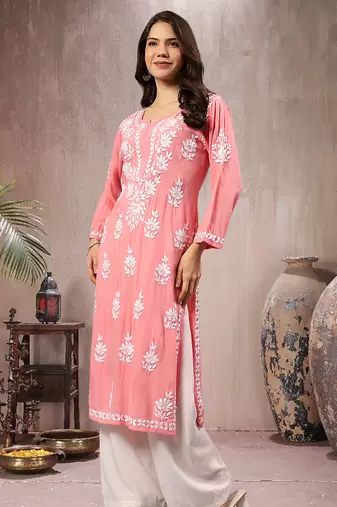 Seva chikan hand embroidered lucknowi chikankari peach rayon kurta scl4767
