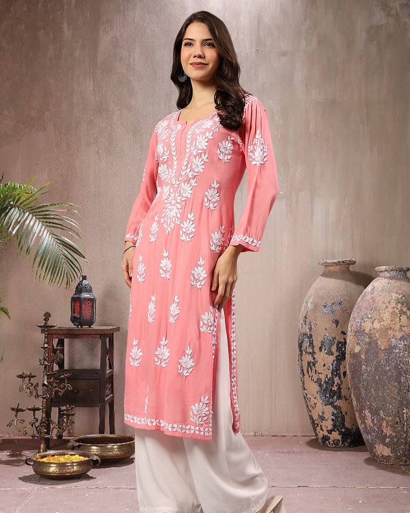 Seva chikan hand embroidered lucknowi chikankari peach rayon kurta scl4767