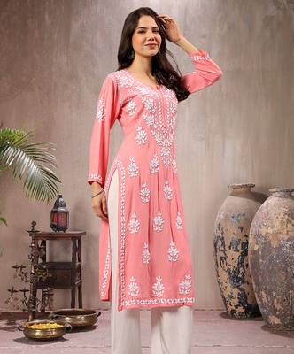 Seva chikan hand embroidered lucknowi chikankari peach rayon kurta scl4767 4