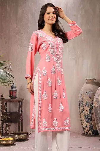 Seva chikan hand embroidered lucknowi chikankari peach rayon kurta scl4767