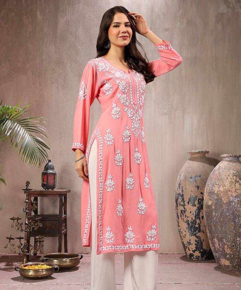 Seva chikan hand embroidered lucknowi chikankari peach rayon kurta scl4767