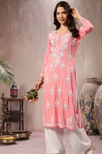 Seva chikan hand embroidered lucknowi chikankari peach rayon kurta scl4767