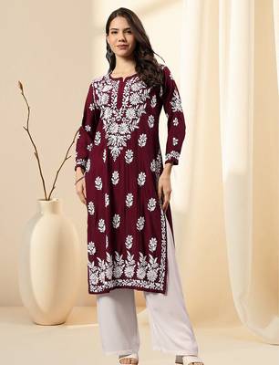 Seva chikan hand embroidered lucknowi chikankari purple muslin kurta scl4513 1