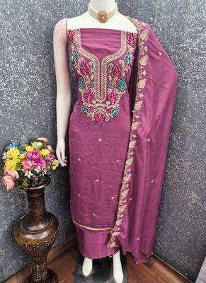 Vichitra silk embroidered unstitched suit with heavy santoon bottom and vichitra silk dupatta 2