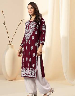 Seva chikan hand embroidered lucknowi chikankari purple muslin kurta scl4513 3