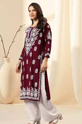 Seva chikan hand embroidered lucknowi chikankari purple muslin kurta scl4513
