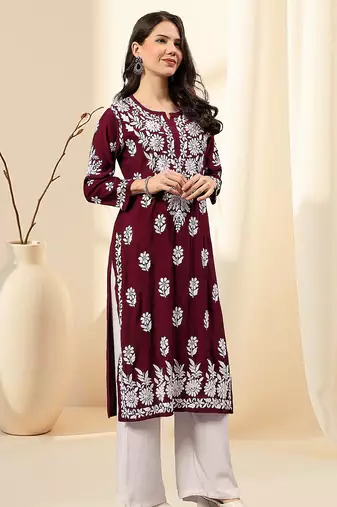 Seva chikan hand embroidered lucknowi chikankari purple muslin kurta scl4513