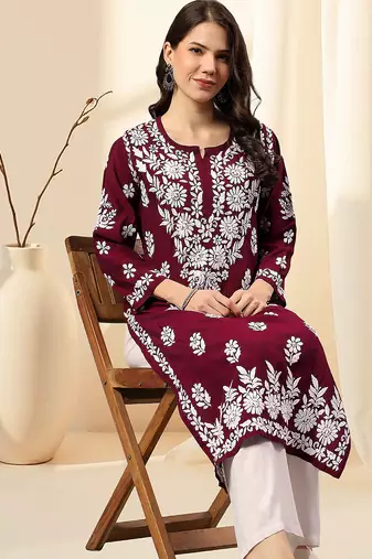 Seva chikan hand embroidered lucknowi chikankari purple muslin kurta scl4513