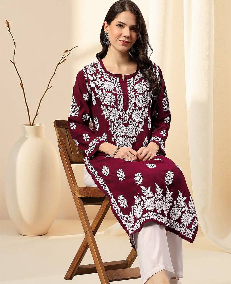 Seva chikan hand embroidered lucknowi chikankari purple muslin kurta scl4513