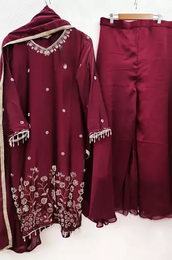 Women maroon  embroidered kurta palazzo set with dupatta