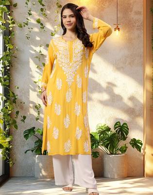Seva chikan hand embroidered lucknowi chikankari yellow modal kurta scl4479 1