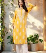 Seva chikan hand embroidered lucknowi chikankari yellow modal kurta scl4479