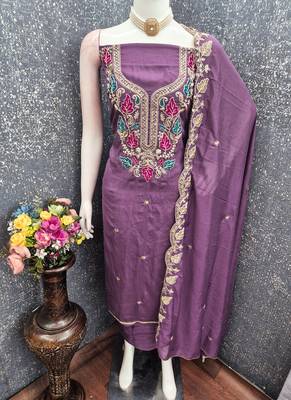 Vichitra silk embroidered unstitched suit with heavy santoon bottom and vichitra silk dupatta 2