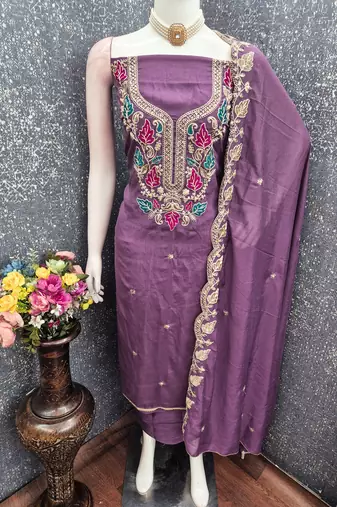 Vichitra silk embroidered unstitched suit with heavy santoon bottom and vichitra silk dupatta