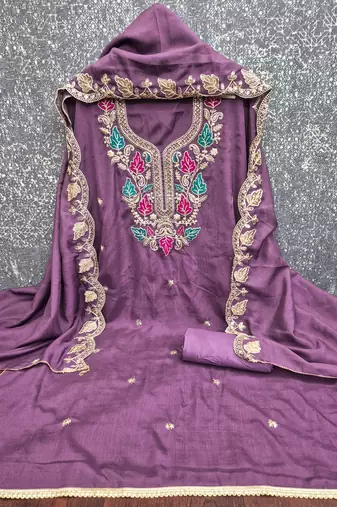 Vichitra silk embroidered unstitched suit with heavy santoon bottom and vichitra silk dupatta