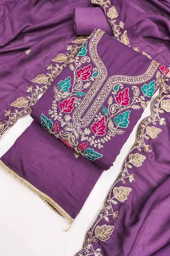 Vichitra silk embroidered unstitched suit with heavy santoon bottom and vichitra silk dupatta
