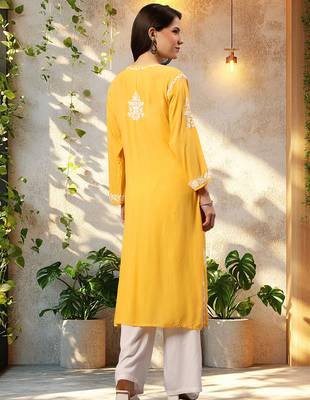 Seva chikan hand embroidered lucknowi chikankari yellow modal kurta scl4479 2
