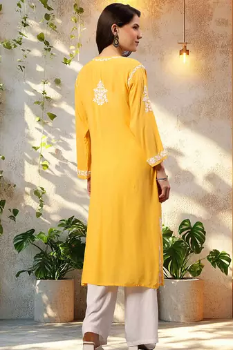 Seva chikan hand embroidered lucknowi chikankari yellow modal kurta scl4479