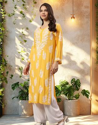 Seva chikan hand embroidered lucknowi chikankari yellow modal kurta scl4479 3
