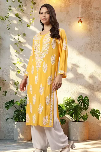 Seva chikan hand embroidered lucknowi chikankari yellow modal kurta scl4479