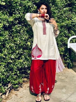 Women embroidered white & maroon cotton afghani salwar suit set with dupatta 2