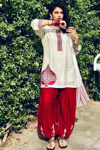 Women embroidered white & maroon cotton afghani salwar suit set with dupatta