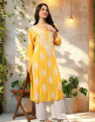 Seva chikan hand embroidered lucknowi chikankari yellow modal kurta scl4479 4