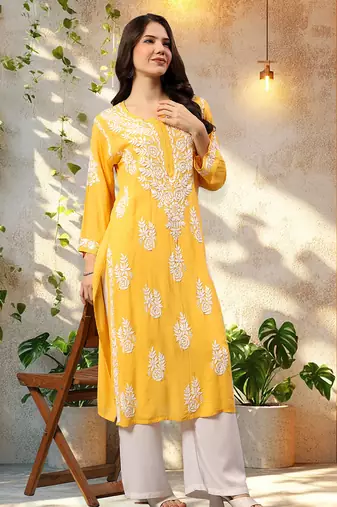 Seva chikan hand embroidered lucknowi chikankari yellow modal kurta scl4479