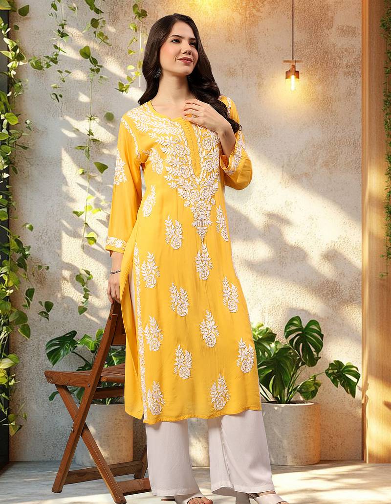 Seva chikan hand embroidered lucknowi chikankari yellow modal kurta scl4479