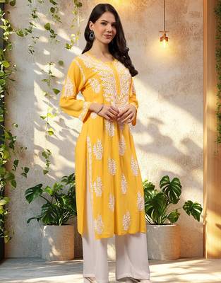 Seva chikan hand embroidered lucknowi chikankari yellow modal kurta scl4479 5