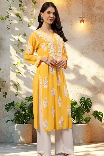 Seva chikan hand embroidered lucknowi chikankari yellow modal kurta scl4479