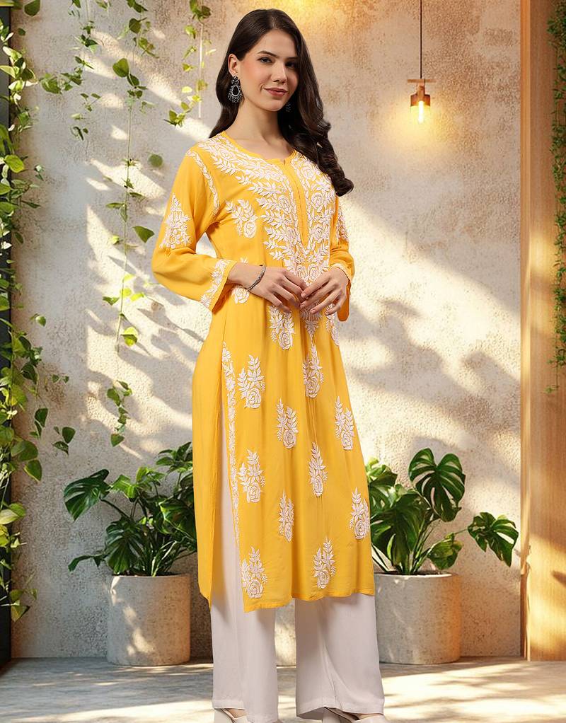 Seva chikan hand embroidered lucknowi chikankari yellow modal kurta scl4479