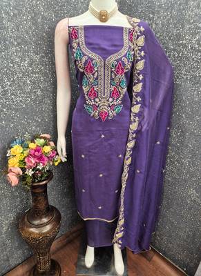 Vichitra silk embroidered unstitched suit with heavy santoon bottom and vichitra silk dupatta 2