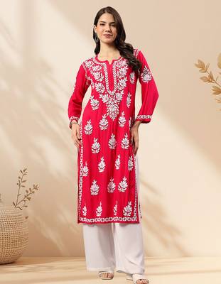 Seva chikan hand embroidered lucknowi chikankari magenta rayon kurta scl4470 1