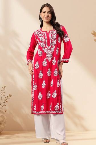 hand embroidered lucknowi chikankari magenta rayon kurta