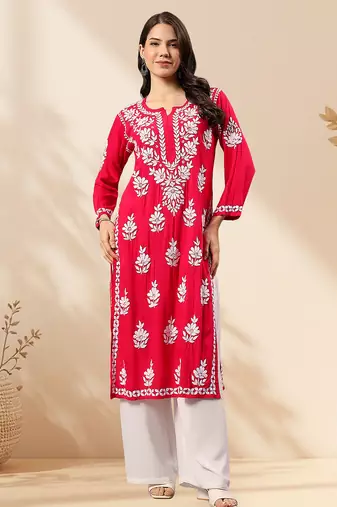 Seva chikan hand embroidered lucknowi chikankari magenta rayon kurta scl4470