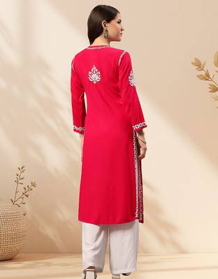 Seva chikan hand embroidered lucknowi chikankari magenta rayon kurta scl4470 2
