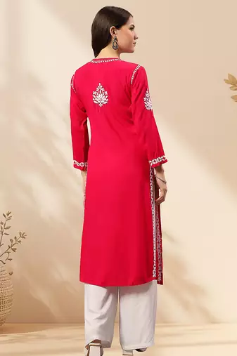 Seva chikan hand embroidered lucknowi chikankari magenta rayon kurta scl4470