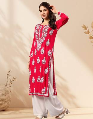 Seva chikan hand embroidered lucknowi chikankari magenta rayon kurta scl4470 3