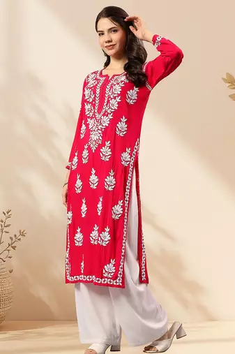Seva chikan hand embroidered lucknowi chikankari magenta rayon kurta scl4470