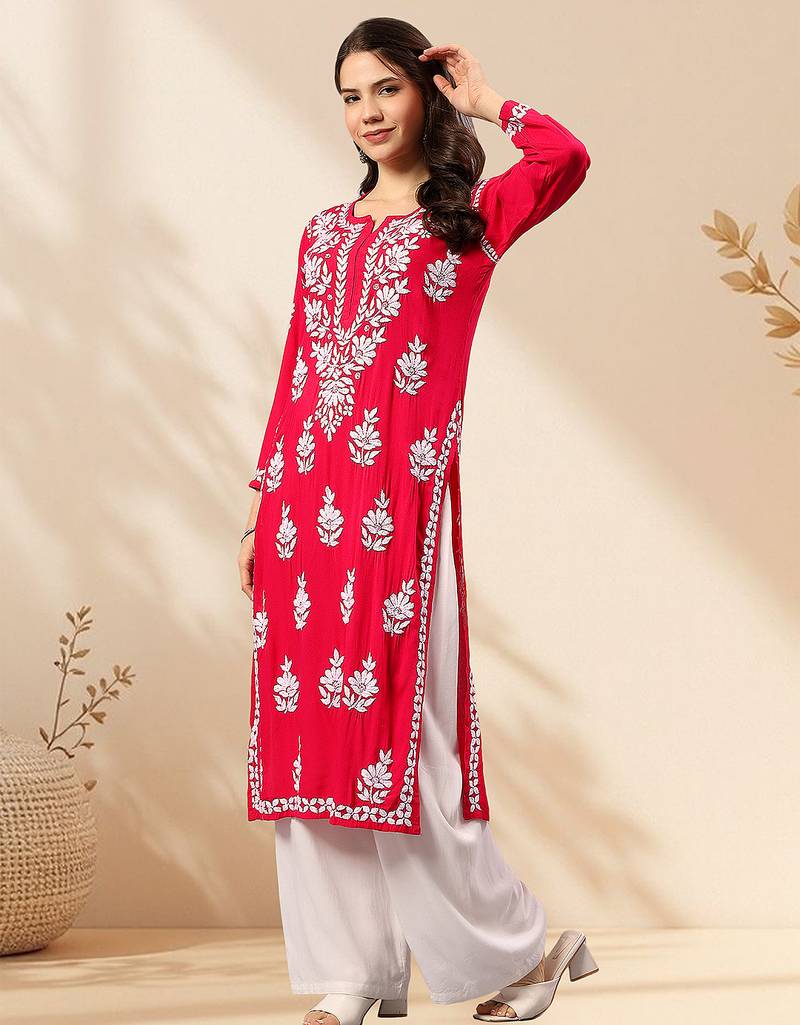 Seva chikan hand embroidered lucknowi chikankari magenta rayon kurta scl4470