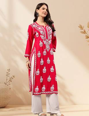 Seva chikan hand embroidered lucknowi chikankari magenta rayon kurta scl4470 4